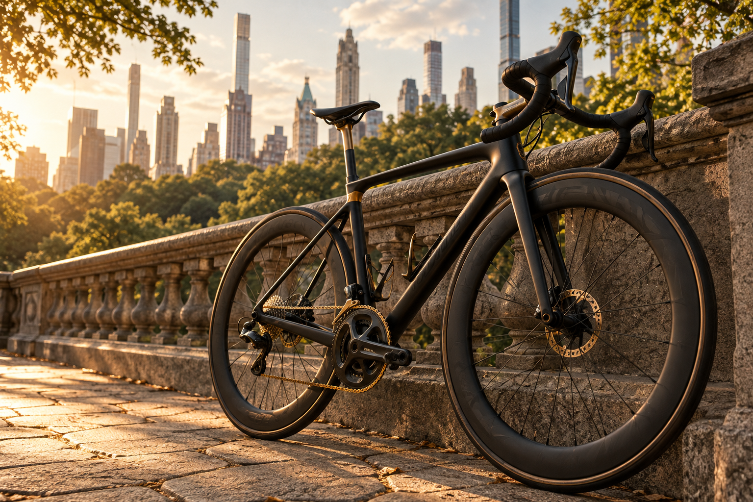 Illustrative black road bike beside a stone wall with the Manhattan skyline beyond Central Park